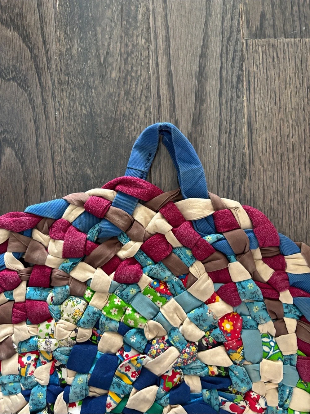 Vintage fabric woven rug, scrap fabric, colorful, cotton, oval, 20x30.5”